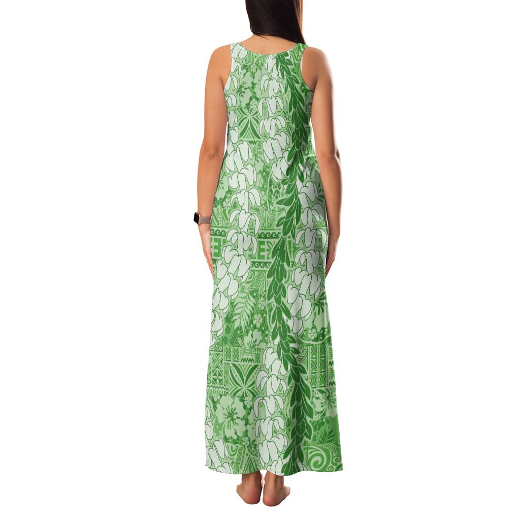 Green Puakenikeni and Maile Lei Tank Maxi Dress Hawaiian Style Tribal Tapa Double Strand Lei LT9 - Polynesian Pride