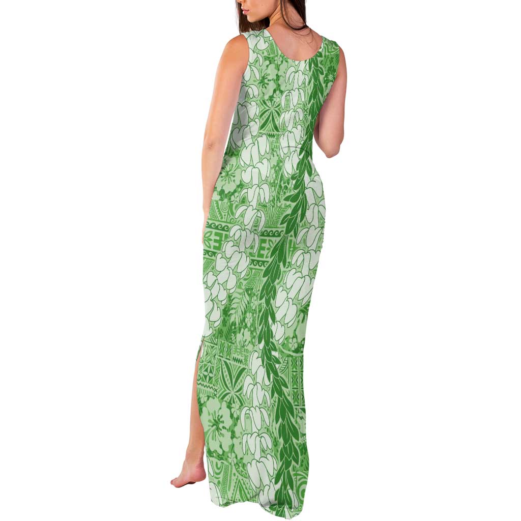 Green Puakenikeni and Maile Lei Tank Maxi Dress Hawaiian Style Tribal Tapa Double Strand Lei LT9 - Polynesian Pride