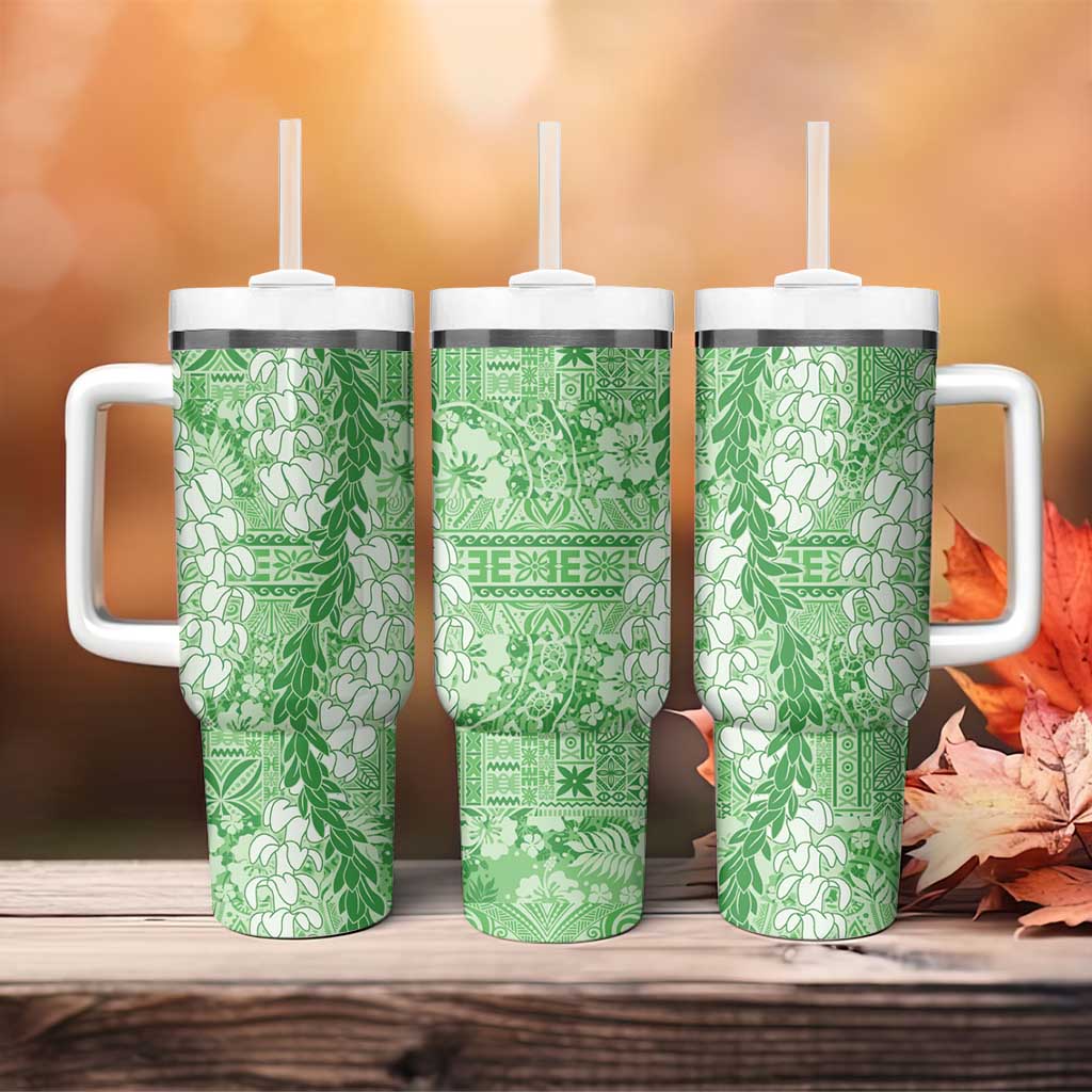 Green Puakenikeni and Maile Lei Tumbler With Handle Hawaiian Style Tribal Tapa Double Strand Lei