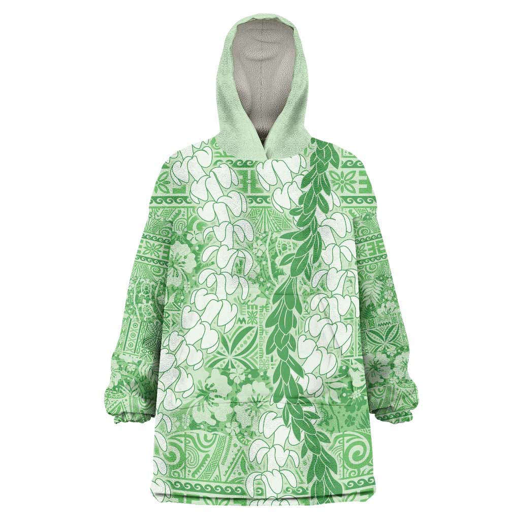 Green Puakenikeni and Maile Lei Wearable Blanket Hoodie Hawaiian Style Tribal Tapa Double Strand Lei LT9 One Size Green - Polynesian Pride