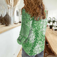 Green Puakenikeni and Maile Lei Women Casual Shirt Hawaiian Style Tribal Tapa Double Strand Lei LT9 - Polynesian Pride