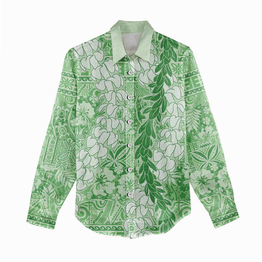 Green Puakenikeni and Maile Lei Women Casual Shirt Hawaiian Style Tribal Tapa Double Strand Lei LT9 - Polynesian Pride
