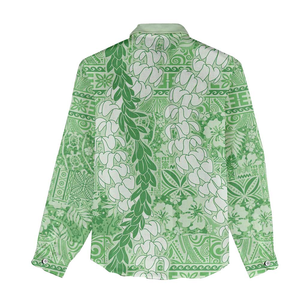 Green Puakenikeni and Maile Lei Women Casual Shirt Hawaiian Style Tribal Tapa Double Strand Lei LT9 - Polynesian Pride