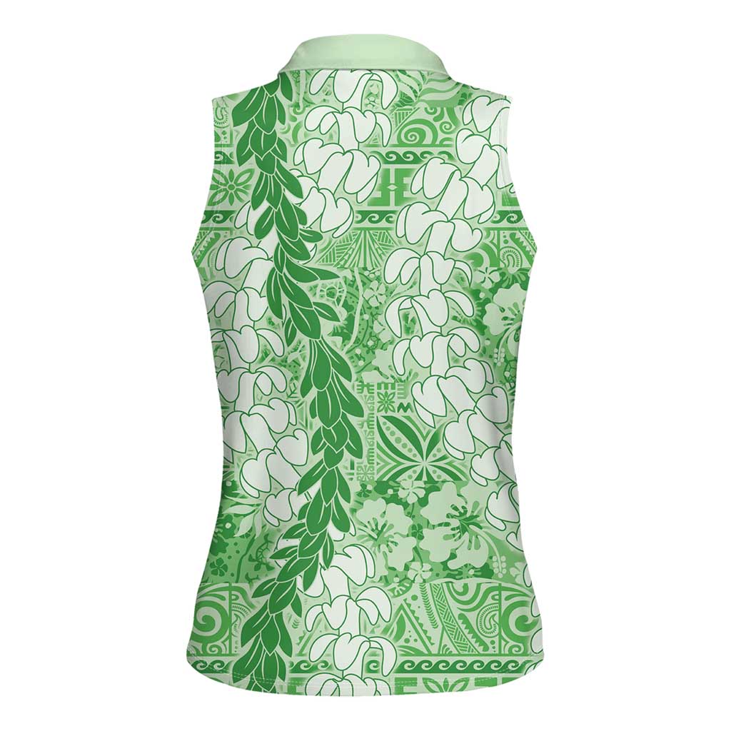 Green Puakenikeni and Maile Lei Women Sleeveless Polo Shirt Hawaiian Style Tribal Tapa Double Strand Lei LT9 - Polynesian Pride