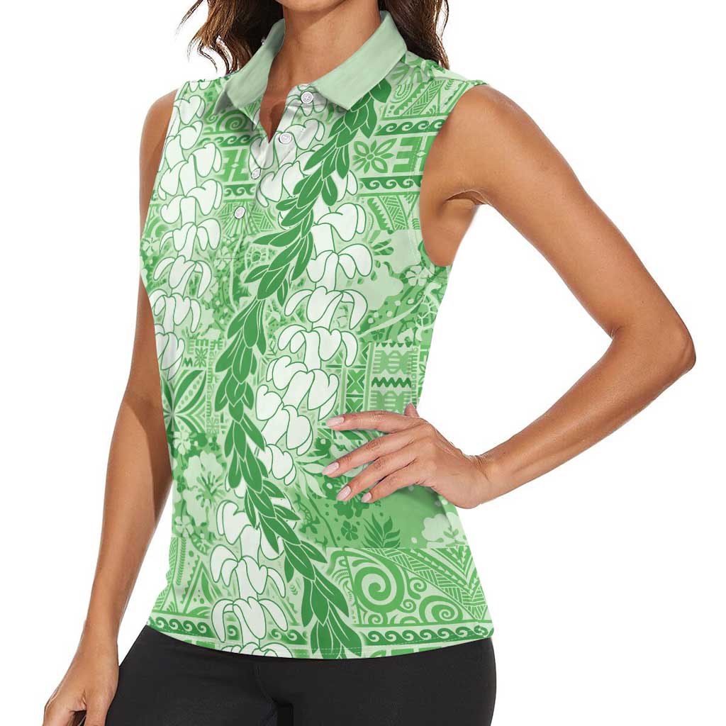Green Puakenikeni and Maile Lei Women Sleeveless Polo Shirt Hawaiian Style Tribal Tapa Double Strand Lei LT9 - Polynesian Pride