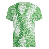 Green Puakenikeni and Maile Lei Women V-Neck T-Shirt Hawaiian Style Tribal Tapa Double Strand Lei