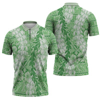 Green Puakenikeni and Maile Lei Zipper Polo Shirt Hawaiian Style Tribal Tapa Double Strand Lei LT9 - Polynesian Pride