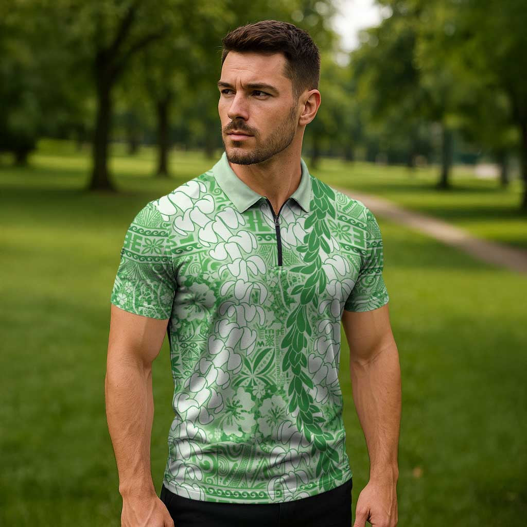 Green Puakenikeni and Maile Lei Zipper Polo Shirt Hawaiian Style Tribal Tapa Double Strand Lei LT9 - Polynesian Pride