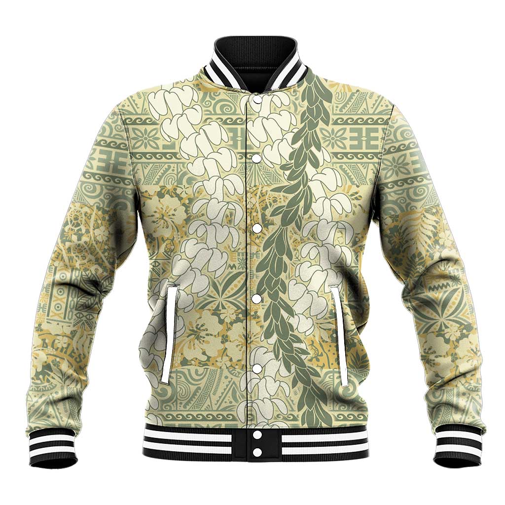 Vintage Puakenikeni and Maile Lei Baseball Jacket Hawaiian Style Tribal Tapa Double Strand Lei