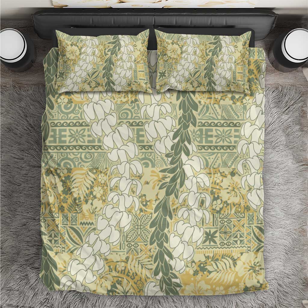 Vintage Puakenikeni and Maile Lei Bedding Set Hawaiian Style Tribal Tapa Double Strand Lei