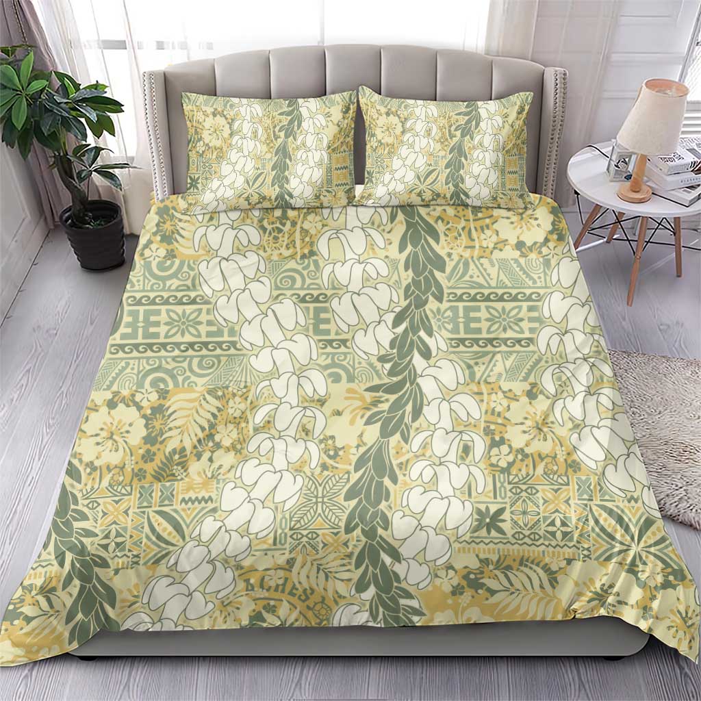 Vintage Puakenikeni and Maile Lei Bedding Set Hawaiian Style Tribal Tapa Double Strand Lei