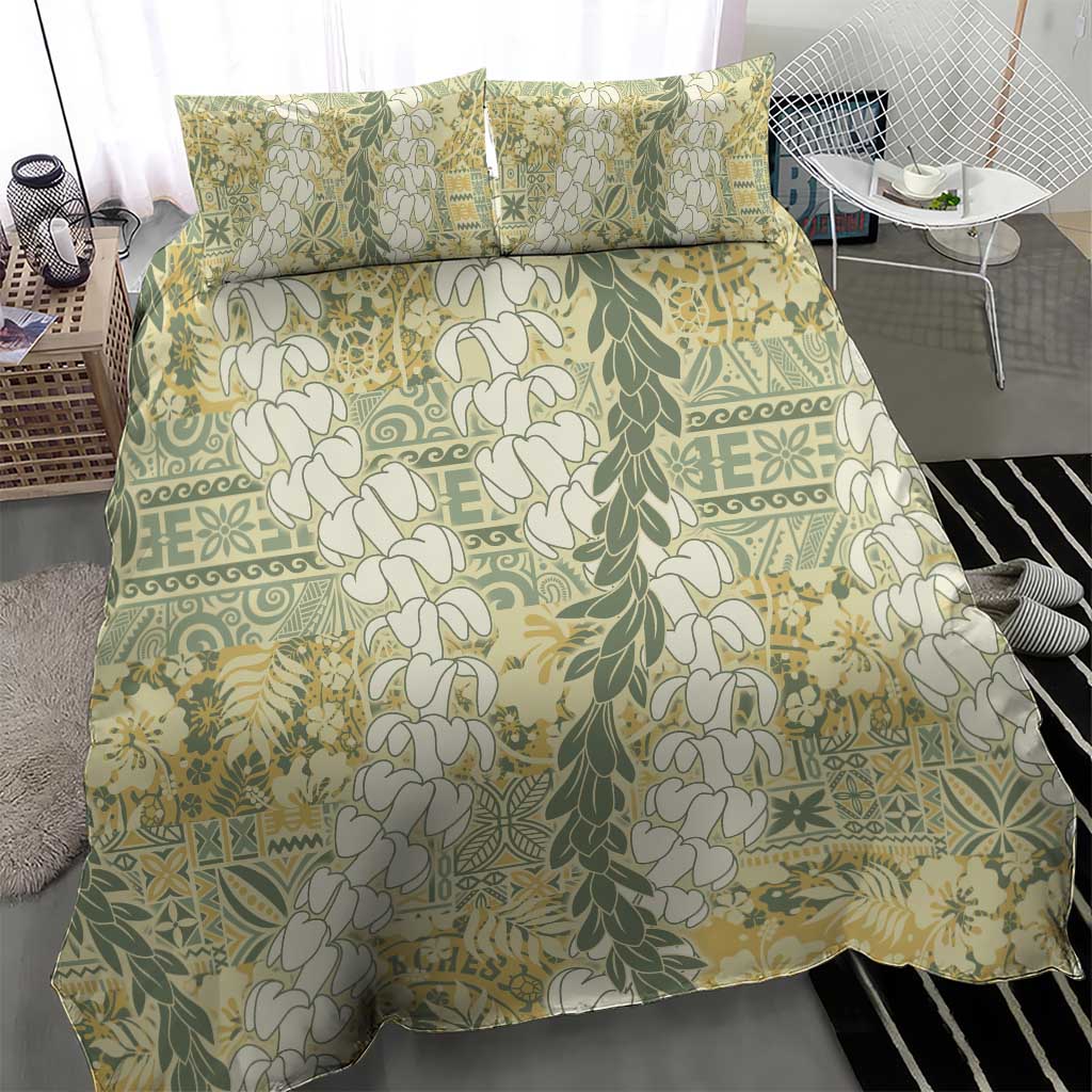 Vintage Puakenikeni and Maile Lei Bedding Set Hawaiian Style Tribal Tapa Double Strand Lei