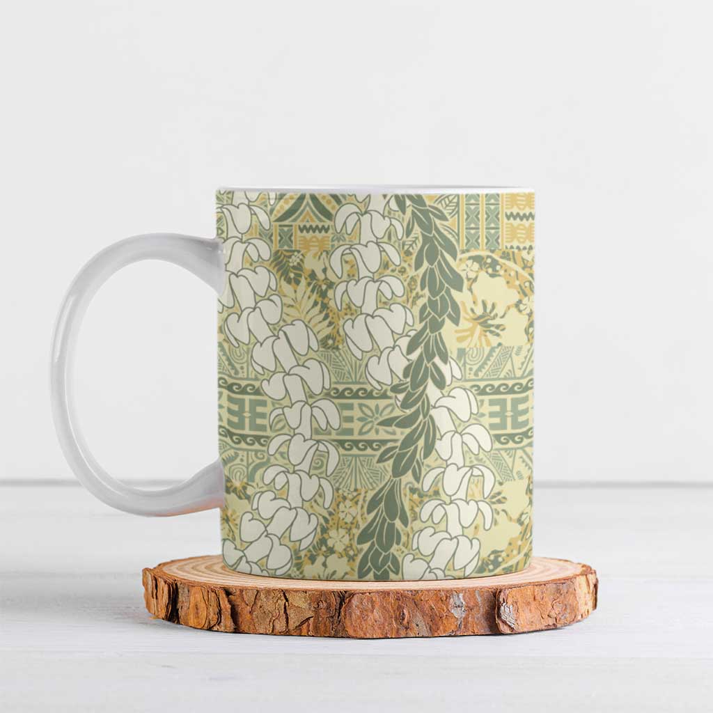 Vintage Puakenikeni and Maile Lei Ceramic Mug Hawaiian Style Tribal Tapa Double Strand Lei - Polynesian Pride