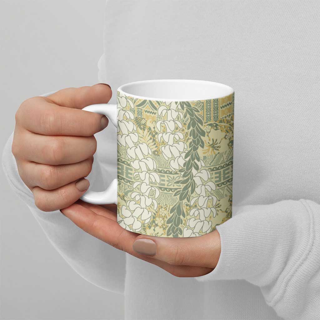 Vintage Puakenikeni and Maile Lei Ceramic Mug Hawaiian Style Tribal Tapa Double Strand Lei - Polynesian Pride