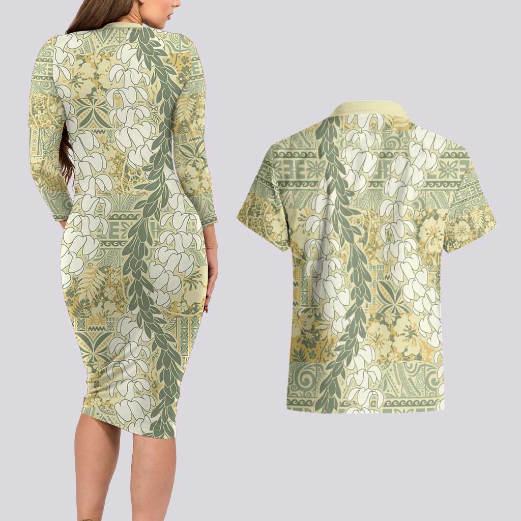 Vintage Puakenikeni and Maile Lei Couples Matching Long Sleeve Bodycon Dress and Hawaiian Shirt Hawaiian Style Tribal Tapa Double Strand Lei LT9 - Polynesian Pride