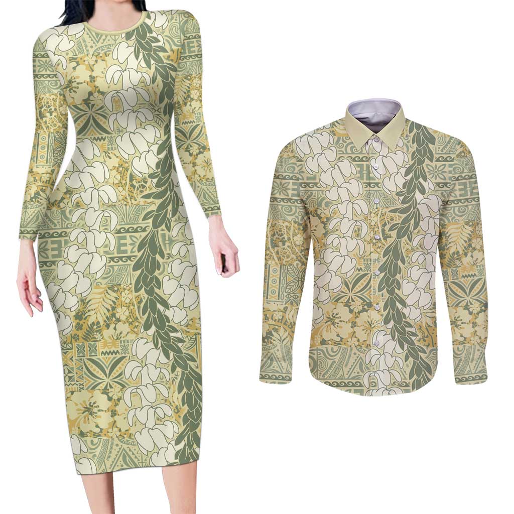 Vintage Puakenikeni and Maile Lei Couples Matching Long Sleeve Bodycon Dress and Long Sleeve Button Shirt Hawaiian Style Tribal Tapa Double Strand Lei LT9 Vintage - Polynesian Pride