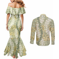 Vintage Puakenikeni and Maile Lei Couples Matching Mermaid Dress and Long Sleeve Button Shirt Hawaiian Style Tribal Tapa Double Strand Lei LT9 - Polynesian Pride