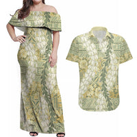 Vintage Puakenikeni and Maile Lei Couples Matching Off Shoulder Maxi Dress and Hawaiian Shirt Hawaiian Style Tribal Tapa Double Strand Lei LT9 Vintage - Polynesian Pride