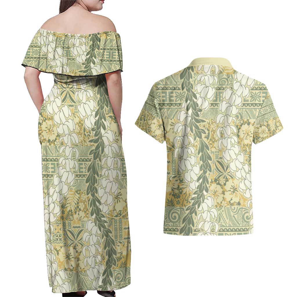 Vintage Puakenikeni and Maile Lei Couples Matching Off Shoulder Maxi Dress and Hawaiian Shirt Hawaiian Style Tribal Tapa Double Strand Lei LT9 - Polynesian Pride