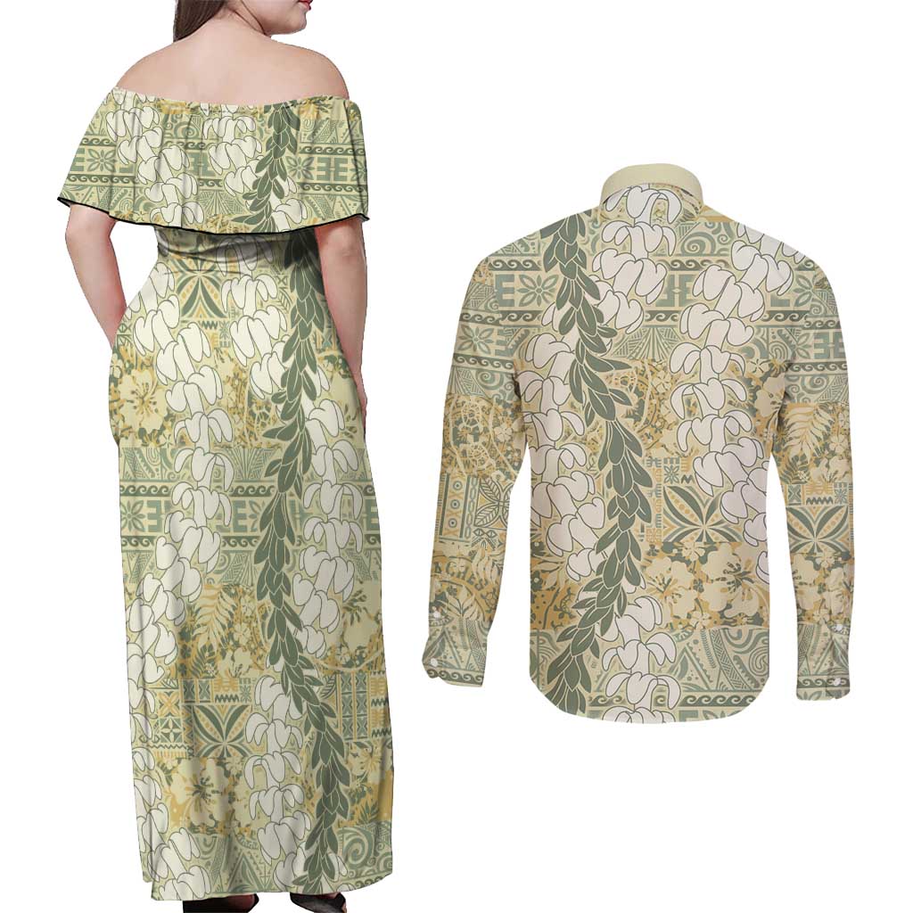 Vintage Puakenikeni and Maile Lei Couples Matching Off Shoulder Maxi Dress and Long Sleeve Button Shirt Hawaiian Style Tribal Tapa Double Strand Lei LT9 - Polynesian Pride