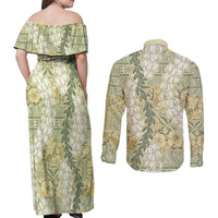 Vintage Puakenikeni and Maile Lei Couples Matching Off Shoulder Maxi Dress and Long Sleeve Button Shirt Hawaiian Style Tribal Tapa Double Strand Lei LT9 - Polynesian Pride