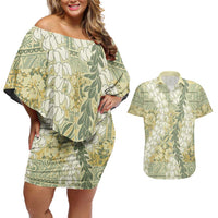 Vintage Puakenikeni and Maile Lei Couples Matching Off Shoulder Short Dress and Hawaiian Shirt Hawaiian Style Tribal Tapa Double Strand Lei LT9 Vintage - Polynesian Pride