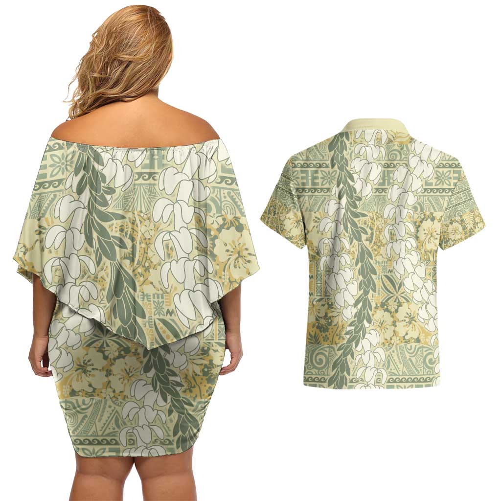 Vintage Puakenikeni and Maile Lei Couples Matching Off Shoulder Short Dress and Hawaiian Shirt Hawaiian Style Tribal Tapa Double Strand Lei LT9 - Polynesian Pride