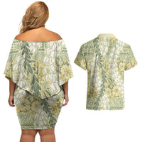 Vintage Puakenikeni and Maile Lei Couples Matching Off Shoulder Short Dress and Hawaiian Shirt Hawaiian Style Tribal Tapa Double Strand Lei LT9 - Polynesian Pride