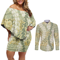 Vintage Puakenikeni and Maile Lei Couples Matching Off Shoulder Short Dress and Long Sleeve Button Shirt Hawaiian Style Tribal Tapa Double Strand Lei LT9 Vintage - Polynesian Pride