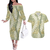 Vintage Puakenikeni and Maile Lei Couples Matching Off The Shoulder Long Sleeve Dress and Hawaiian Shirt Hawaiian Style Tribal Tapa Double Strand Lei LT9 Vintage - Polynesian Pride