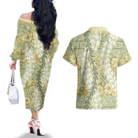 Vintage Puakenikeni and Maile Lei Couples Matching Off The Shoulder Long Sleeve Dress and Hawaiian Shirt Hawaiian Style Tribal Tapa Double Strand Lei LT9 - Polynesian Pride
