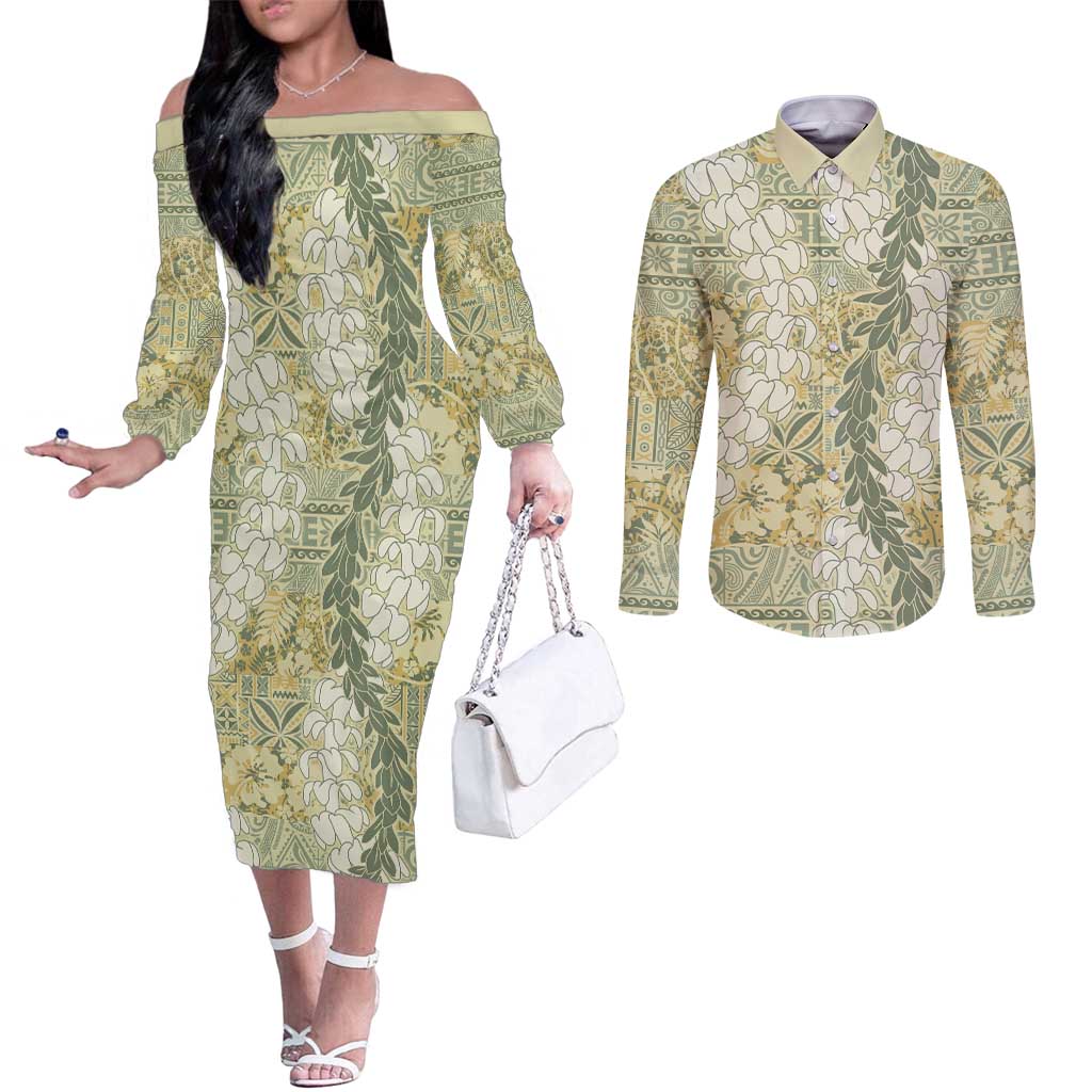 Vintage Puakenikeni and Maile Lei Couples Matching Off The Shoulder Long Sleeve Dress and Long Sleeve Button Shirt Hawaiian Style Tribal Tapa Double Strand Lei LT9 Vintage - Polynesian Pride
