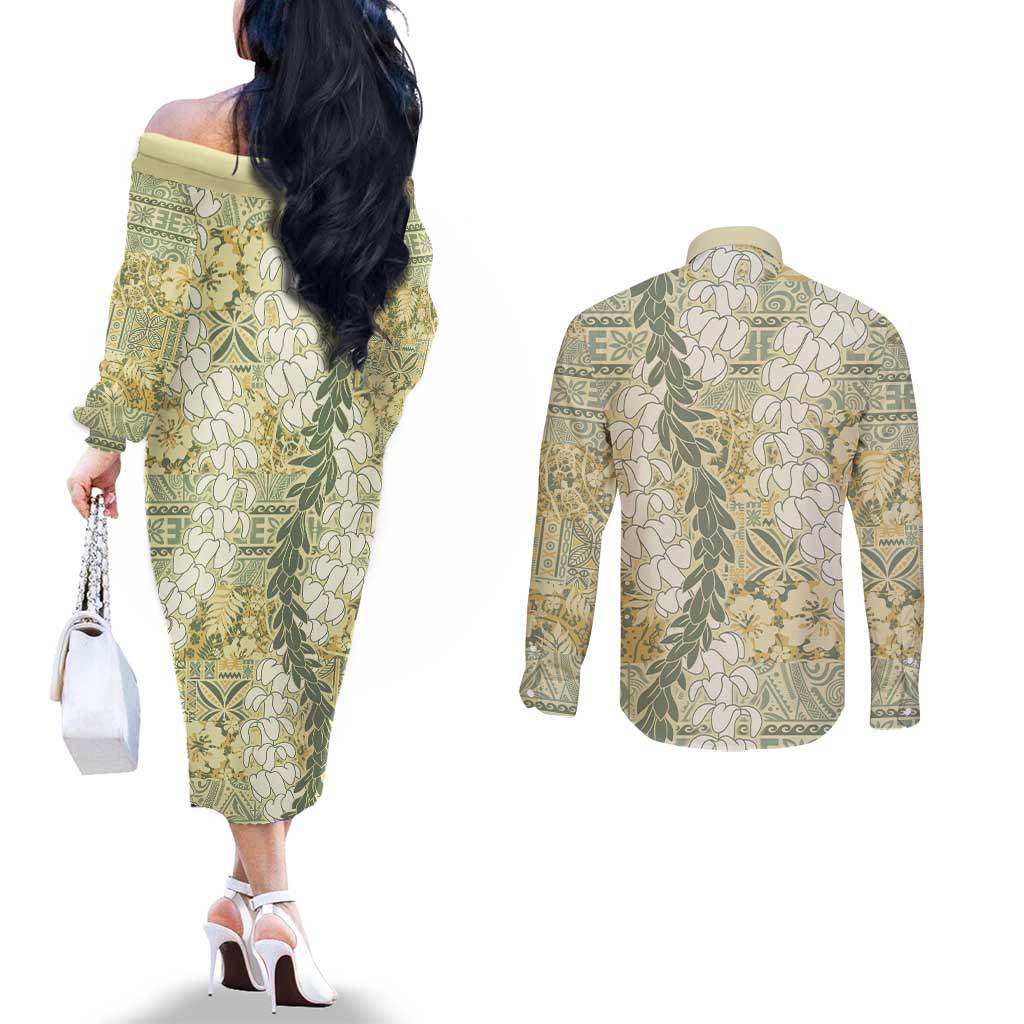 Vintage Puakenikeni and Maile Lei Couples Matching Off The Shoulder Long Sleeve Dress and Long Sleeve Button Shirt Hawaiian Style Tribal Tapa Double Strand Lei LT9 - Polynesian Pride