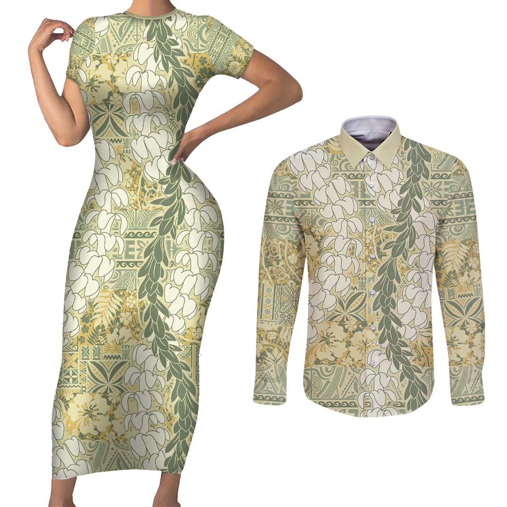 Vintage Puakenikeni and Maile Lei Couples Matching Short Sleeve Bodycon Dress and Long Sleeve Button Shirt Hawaiian Style Tribal Tapa Double Strand Lei LT9 Vintage - Polynesian Pride