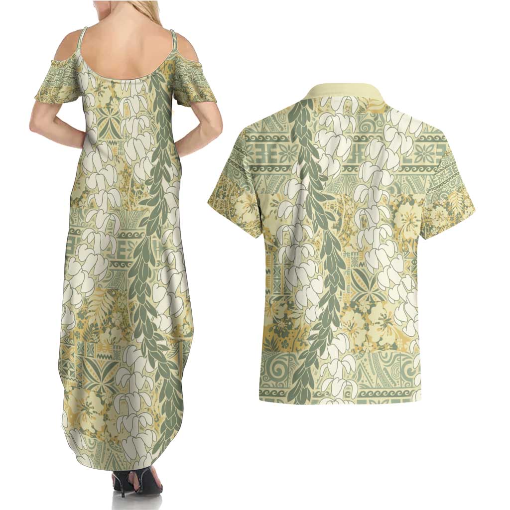 Vintage Puakenikeni and Maile Lei Couples Matching Summer Maxi Dress and Hawaiian Shirt Hawaiian Style Tribal Tapa Double Strand Lei LT9 - Polynesian Pride