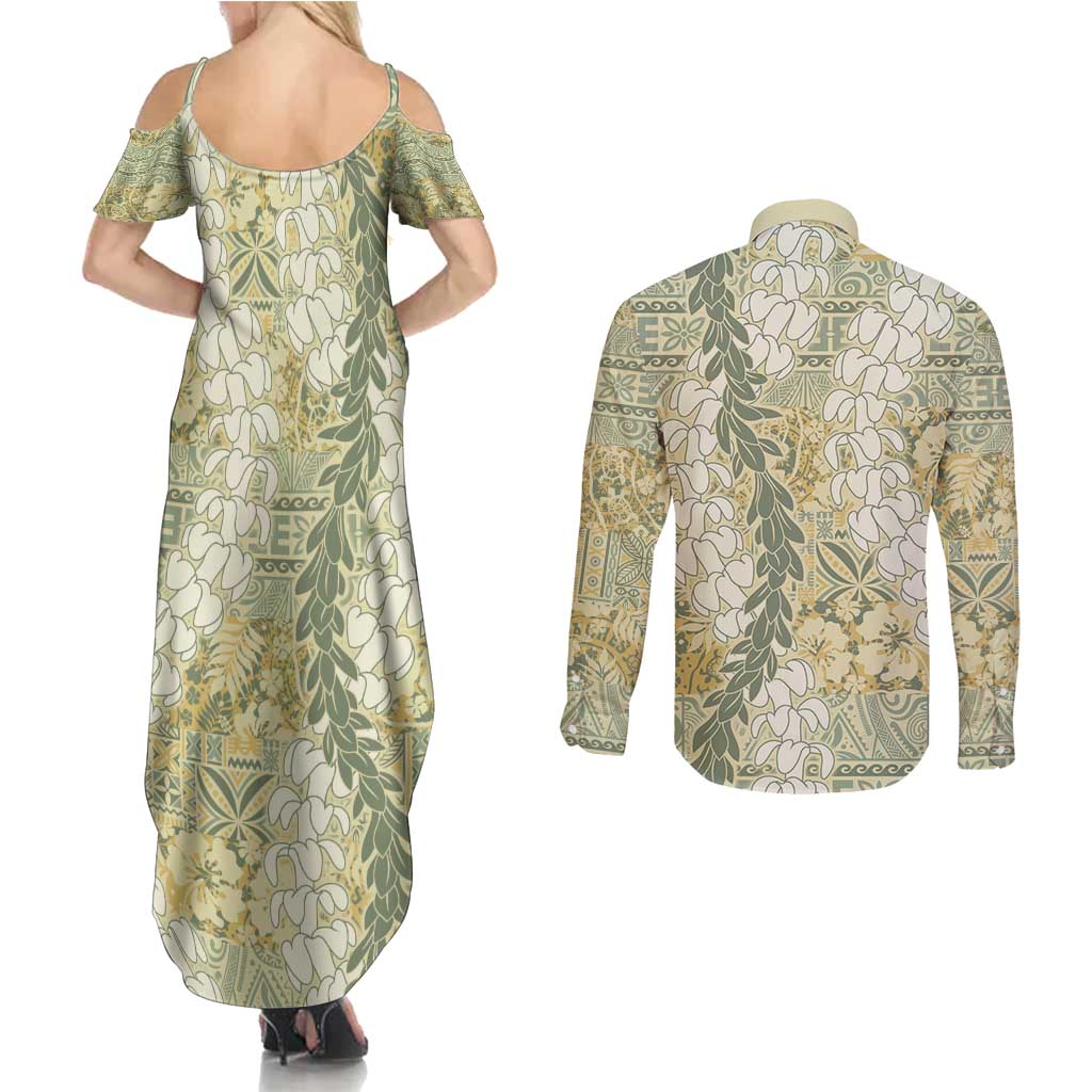 Vintage Puakenikeni and Maile Lei Couples Matching Summer Maxi Dress and Long Sleeve Button Shirt Hawaiian Style Tribal Tapa Double Strand Lei LT9 - Polynesian Pride