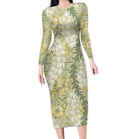 Vintage Puakenikeni and Maile Lei Family Matching Long Sleeve Bodycon Dress and Hawaiian Shirt Hawaiian Style Tribal Tapa Double Strand Lei LT9 Mom's Dress Vintage - Polynesian Pride