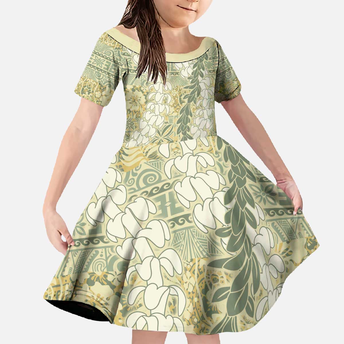 Vintage Puakenikeni and Maile Lei Family Matching Off The Shoulder Long Sleeve Dress and Hawaiian Shirt Hawaiian Style Tribal Tapa Double Strand Lei LT9 Daughter's Dress Vintage - Polynesian Pride