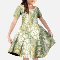 Vintage Puakenikeni and Maile Lei Family Matching Off The Shoulder Long Sleeve Dress and Hawaiian Shirt Hawaiian Style Tribal Tapa Double Strand Lei LT9 Daughter's Dress Vintage - Polynesian Pride