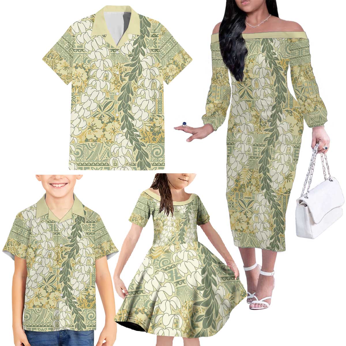 Vintage Puakenikeni and Maile Lei Family Matching Off The Shoulder Long Sleeve Dress and Hawaiian Shirt Hawaiian Style Tribal Tapa Double Strand Lei LT9 - Polynesian Pride