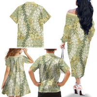 Vintage Puakenikeni and Maile Lei Family Matching Off The Shoulder Long Sleeve Dress and Hawaiian Shirt Hawaiian Style Tribal Tapa Double Strand Lei LT9 - Polynesian Pride