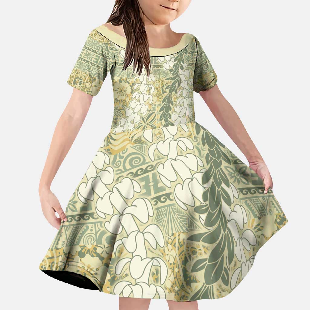 Vintage Puakenikeni and Maile Lei Family Matching Off Shoulder Maxi Dress and Hawaiian Shirt Hawaiian Style Tribal Tapa Double Strand Lei LT9 Daughter's Dress Vintage - Polynesian Pride