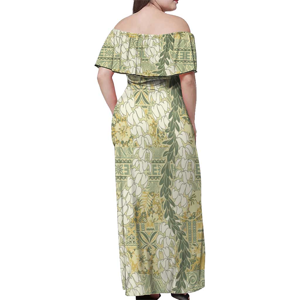 Vintage Puakenikeni and Maile Lei Family Matching Off Shoulder Maxi Dress and Hawaiian Shirt Hawaiian Style Tribal Tapa Double Strand Lei LT9 - Polynesian Pride