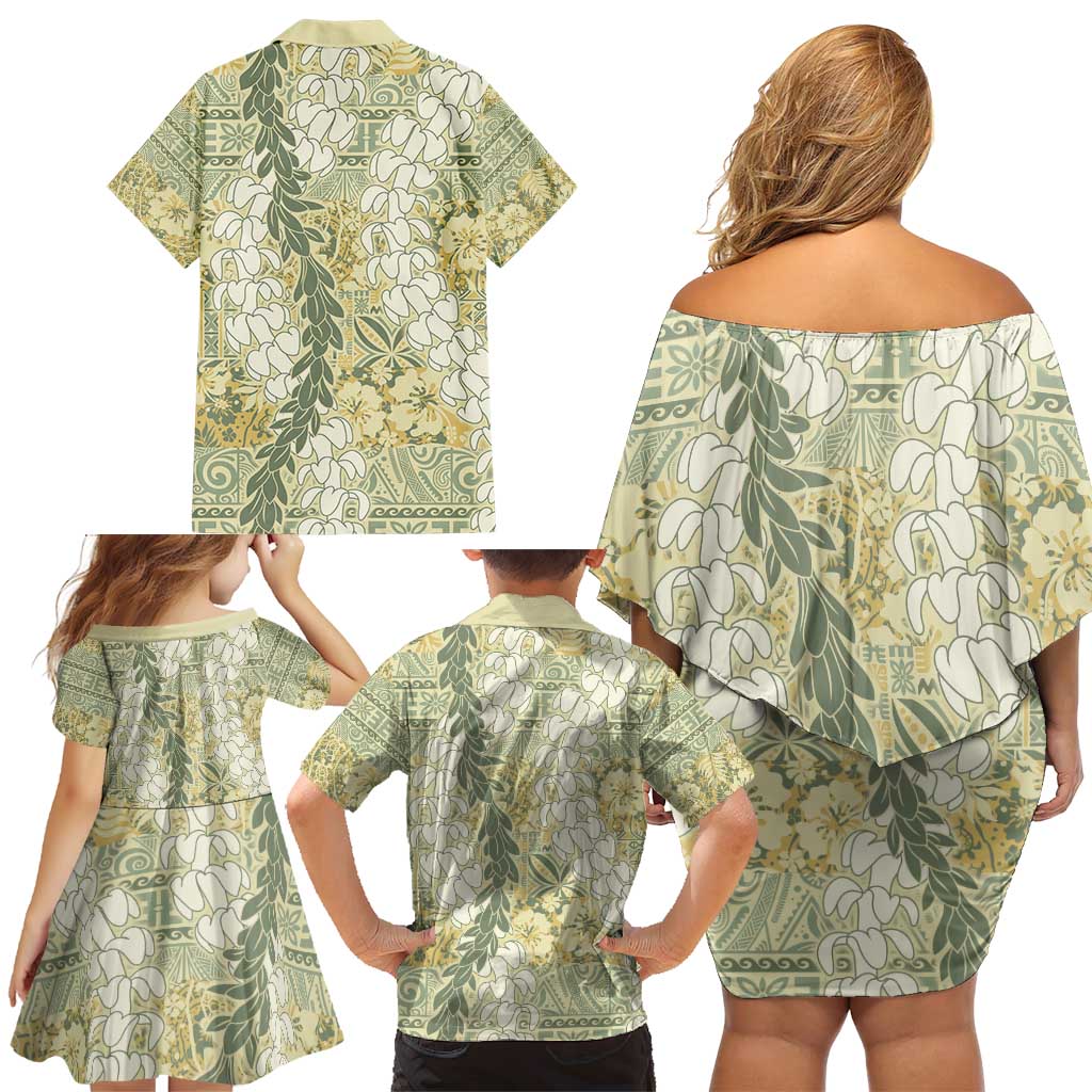 Vintage Puakenikeni and Maile Lei Family Matching Off Shoulder Short Dress and Hawaiian Shirt Hawaiian Style Tribal Tapa Double Strand Lei LT9 - Polynesian Pride