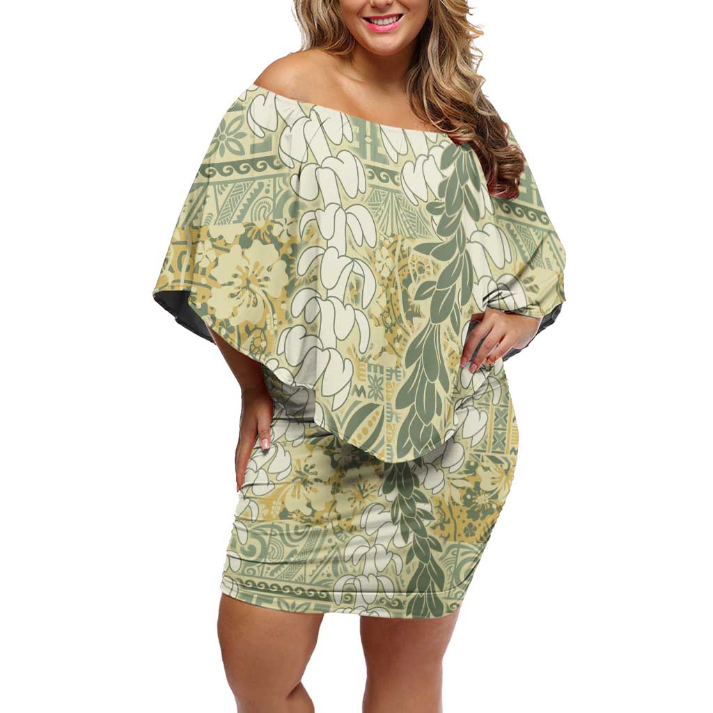 Vintage Puakenikeni and Maile Lei Family Matching Off Shoulder Short Dress and Hawaiian Shirt Hawaiian Style Tribal Tapa Double Strand Lei LT9 Mom's Dress Vintage - Polynesian Pride