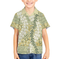 Vintage Puakenikeni and Maile Lei Family Matching Off Shoulder Short Dress and Hawaiian Shirt Hawaiian Style Tribal Tapa Double Strand Lei LT9 Son's Shirt Vintage - Polynesian Pride