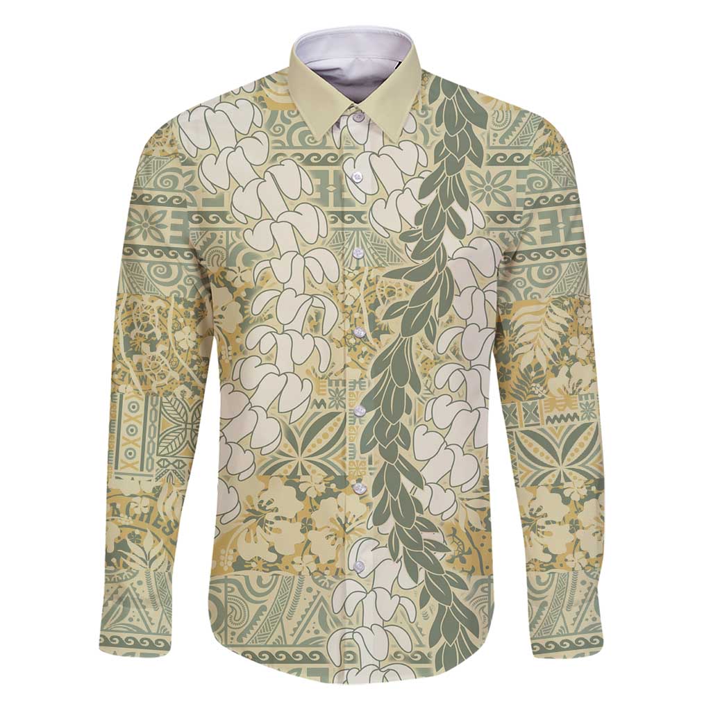 Vintage Puakenikeni and Maile Lei Family Matching Puletasi and Hawaiian Shirt Hawaiian Style Tribal Tapa Double Strand Lei LT9 Dad's Shirt - Long Sleeve Vintage - Polynesian Pride