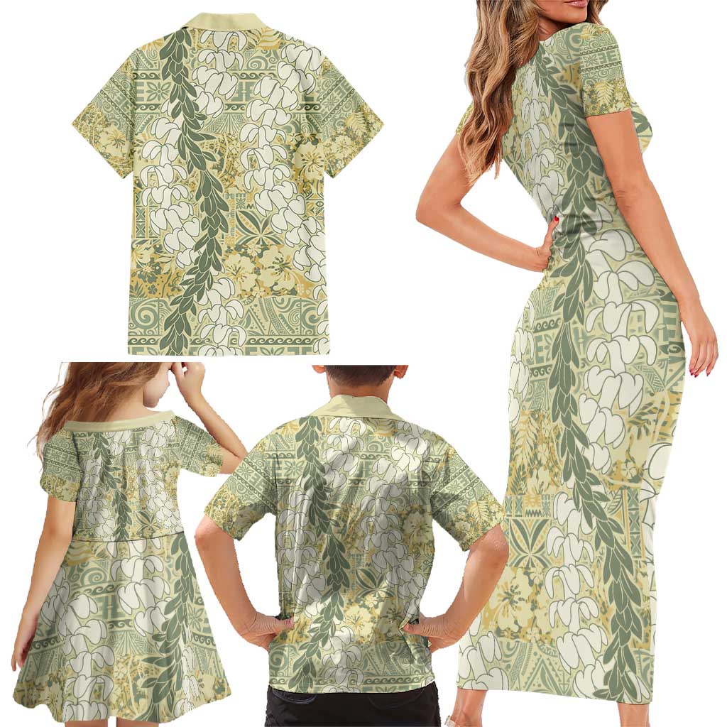 Vintage Puakenikeni and Maile Lei Family Matching Short Sleeve Bodycon Dress and Hawaiian Shirt Hawaiian Style Tribal Tapa Double Strand Lei LT9 - Polynesian Pride