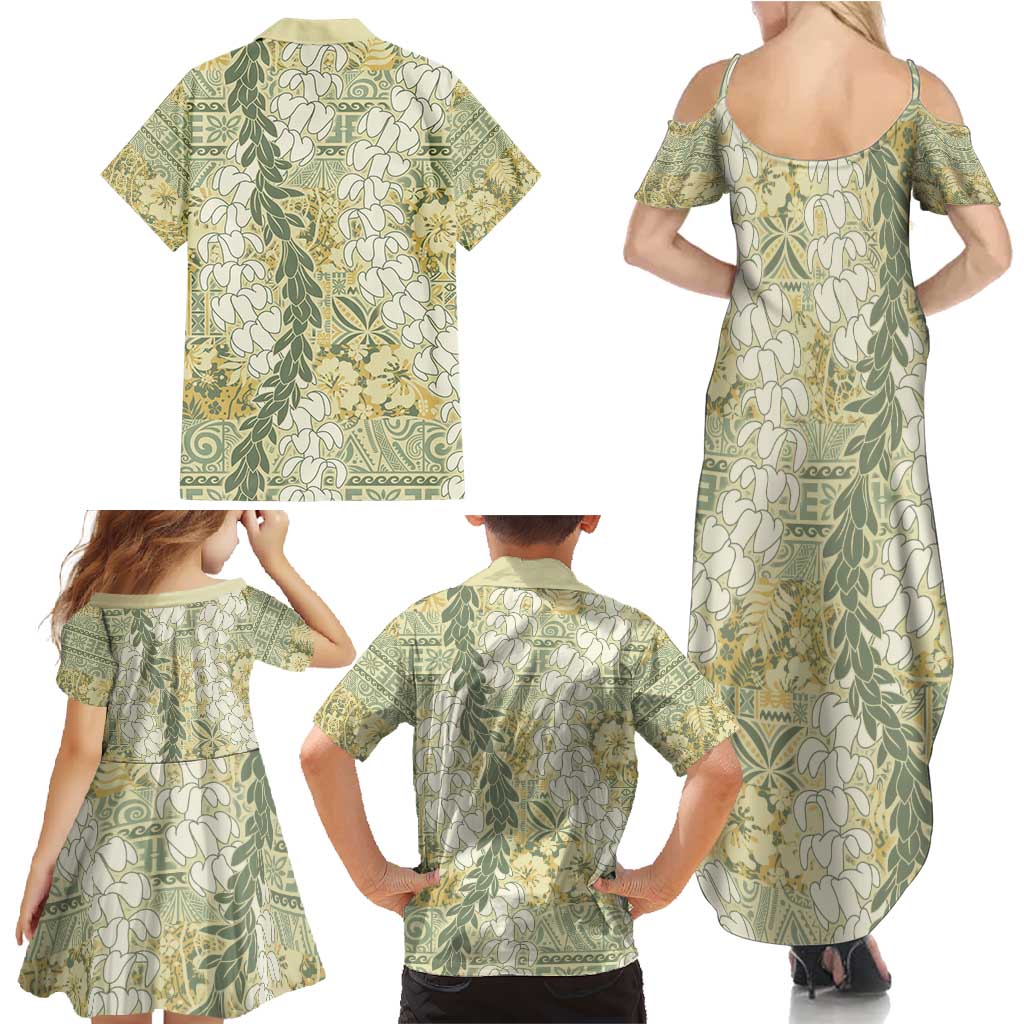 Vintage Puakenikeni and Maile Lei Family Matching Summer Maxi Dress and Hawaiian Shirt Hawaiian Style Tribal Tapa Double Strand Lei LT9 - Polynesian Pride