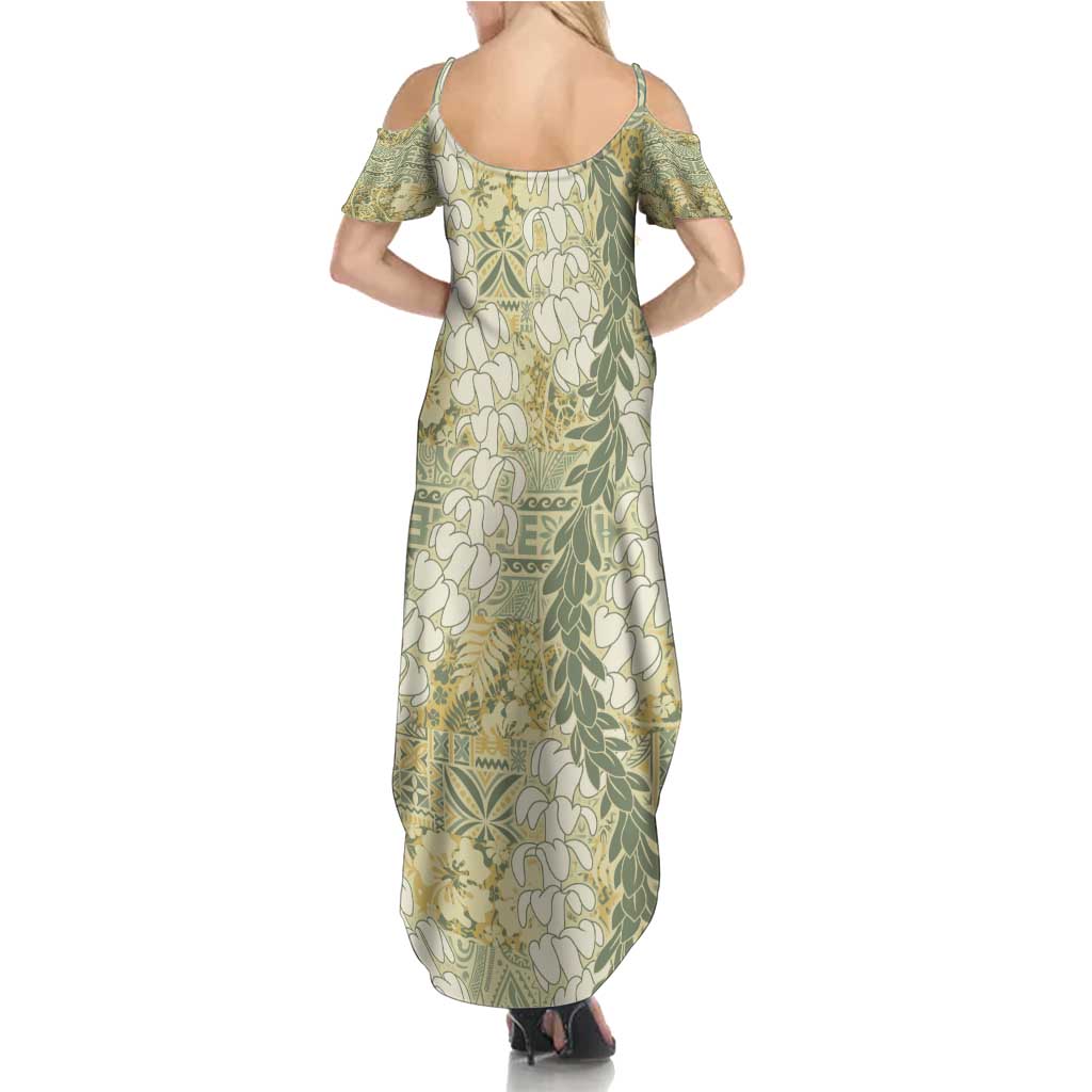 Vintage Puakenikeni and Maile Lei Family Matching Summer Maxi Dress and Hawaiian Shirt Hawaiian Style Tribal Tapa Double Strand Lei LT9 - Polynesian Pride